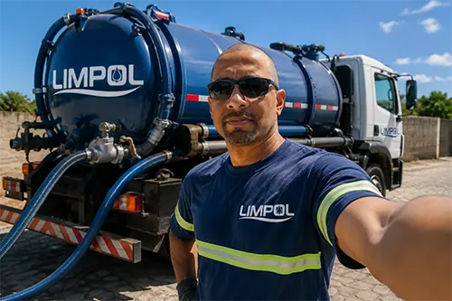 Equipe e caminhão da Limpol 24h prontos para limpeza de fossa em Cabo Frio